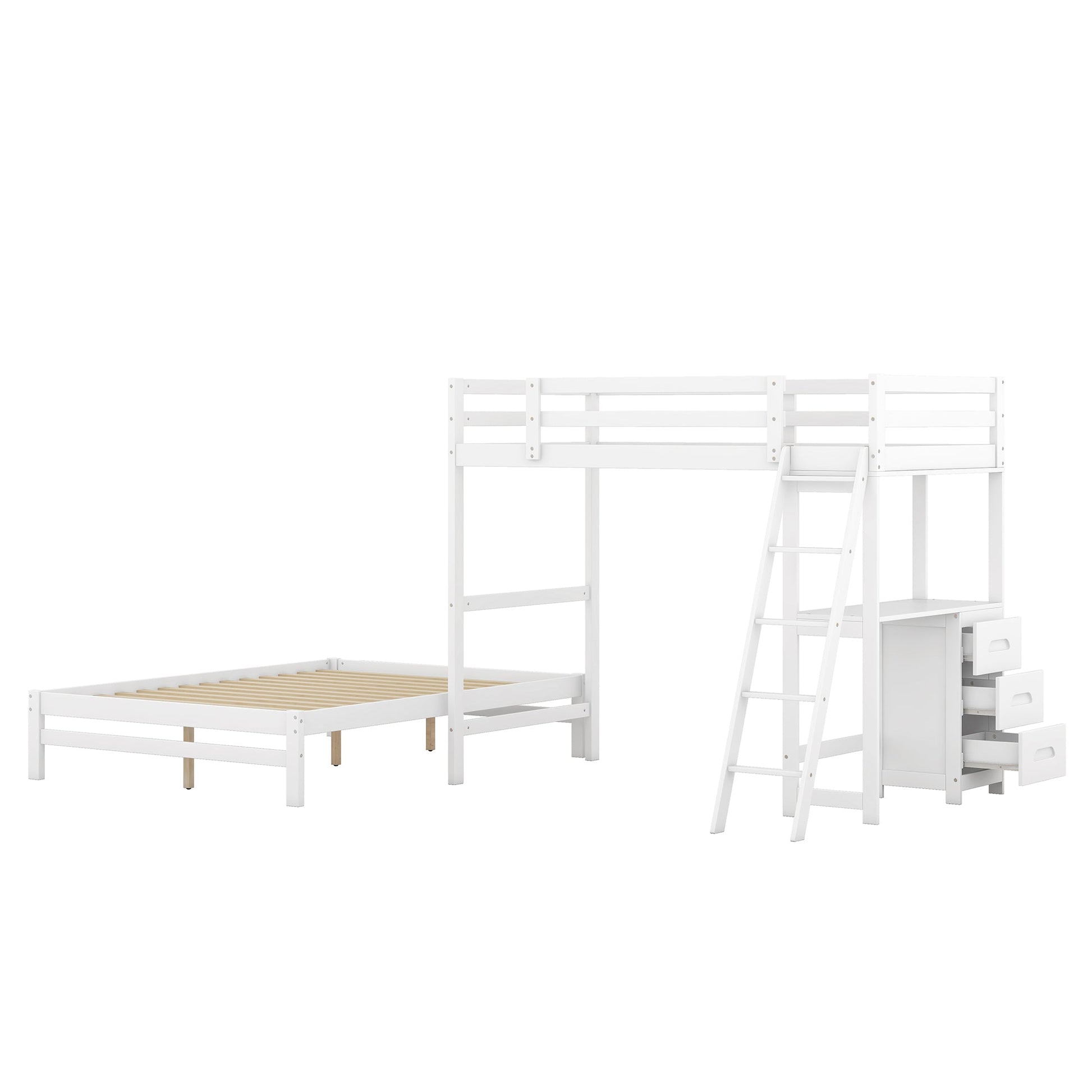 White wood twin loft bed and full size bed frame with desk attatched