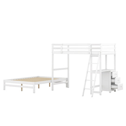 White wood twin loft bed and full size bed frame with desk attatched