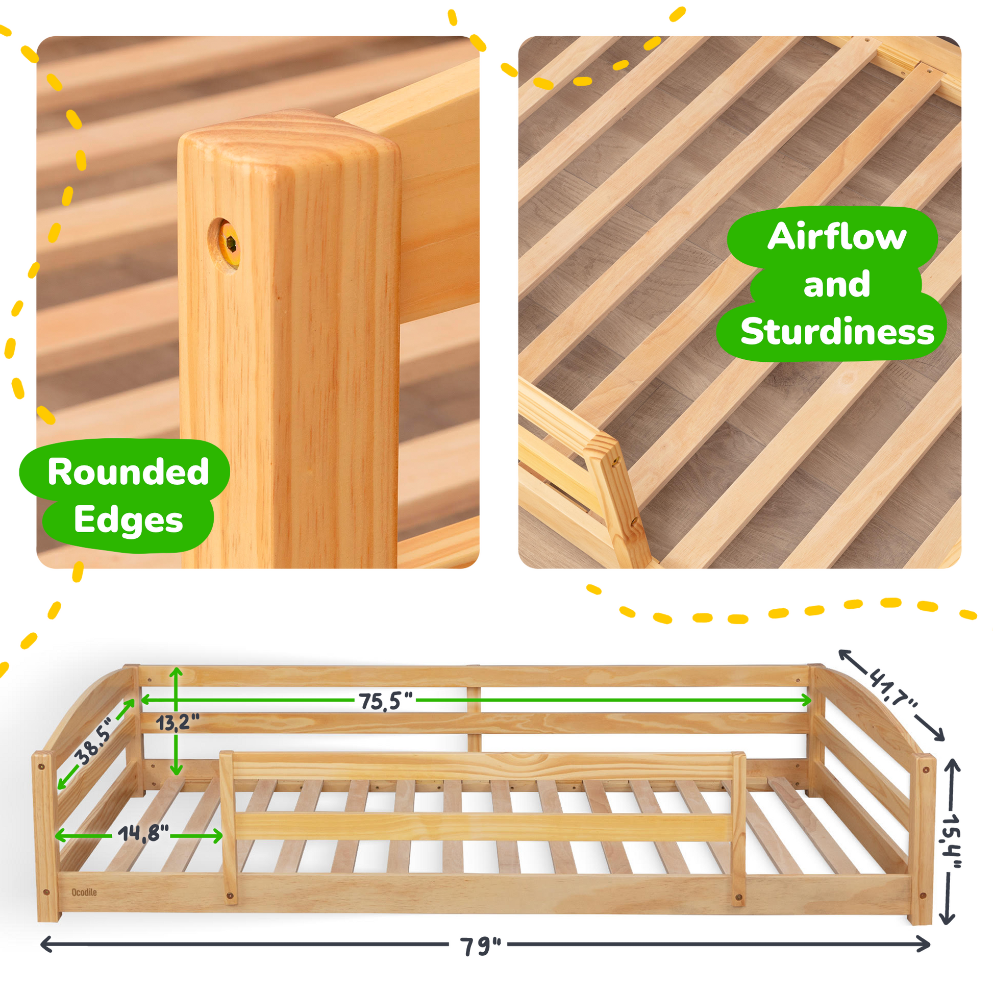 Wooden bed frame with rounded edges and airflow design, labeled for features and dimensions.
