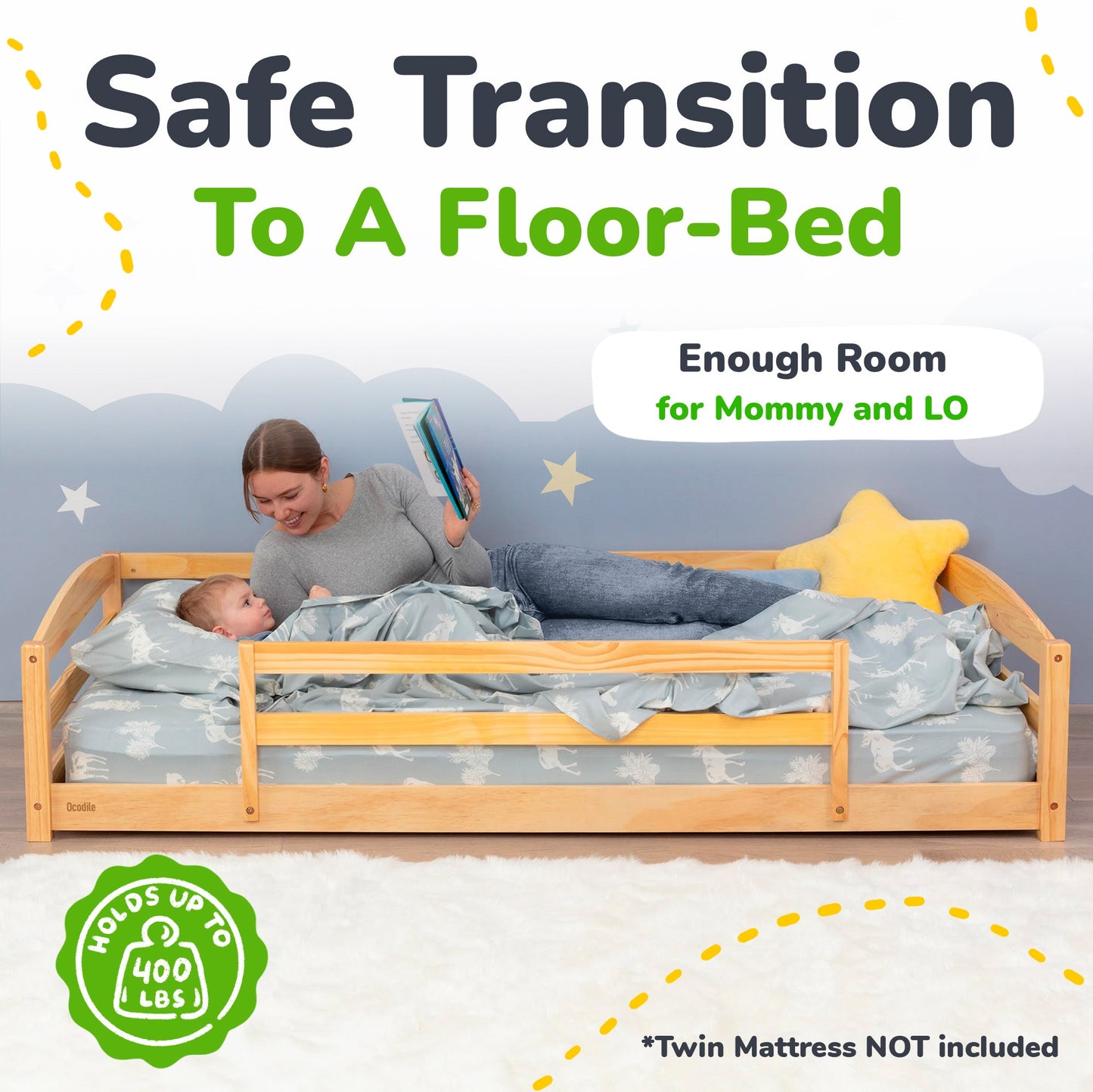 Child reading to a baby in a floor-bed with a woman, featuring text about safe transition to a floor-bed.