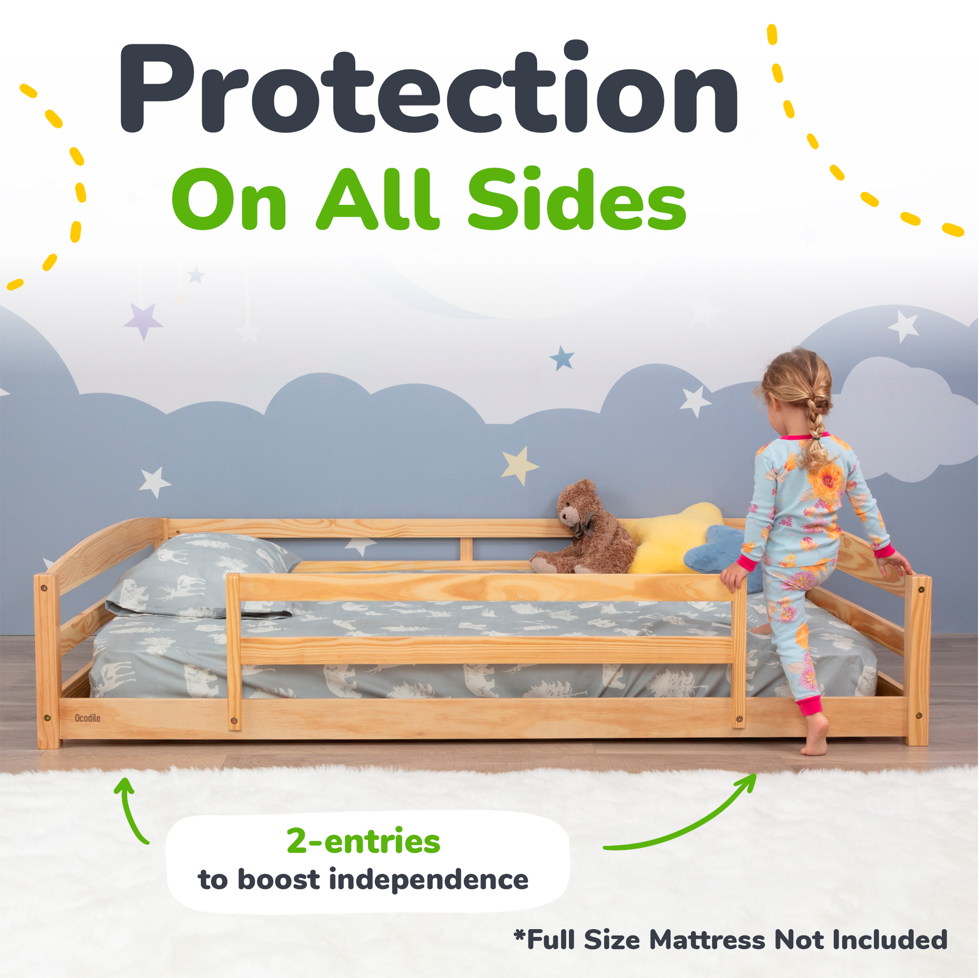 Child standing next to a wooden bed with railings, with text indicating 'Protection on all sides' and '2 entries to boost independence'.