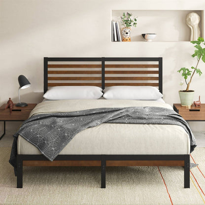 King size platform metal bed frame with wooden slats and black frame in a bedroom setting