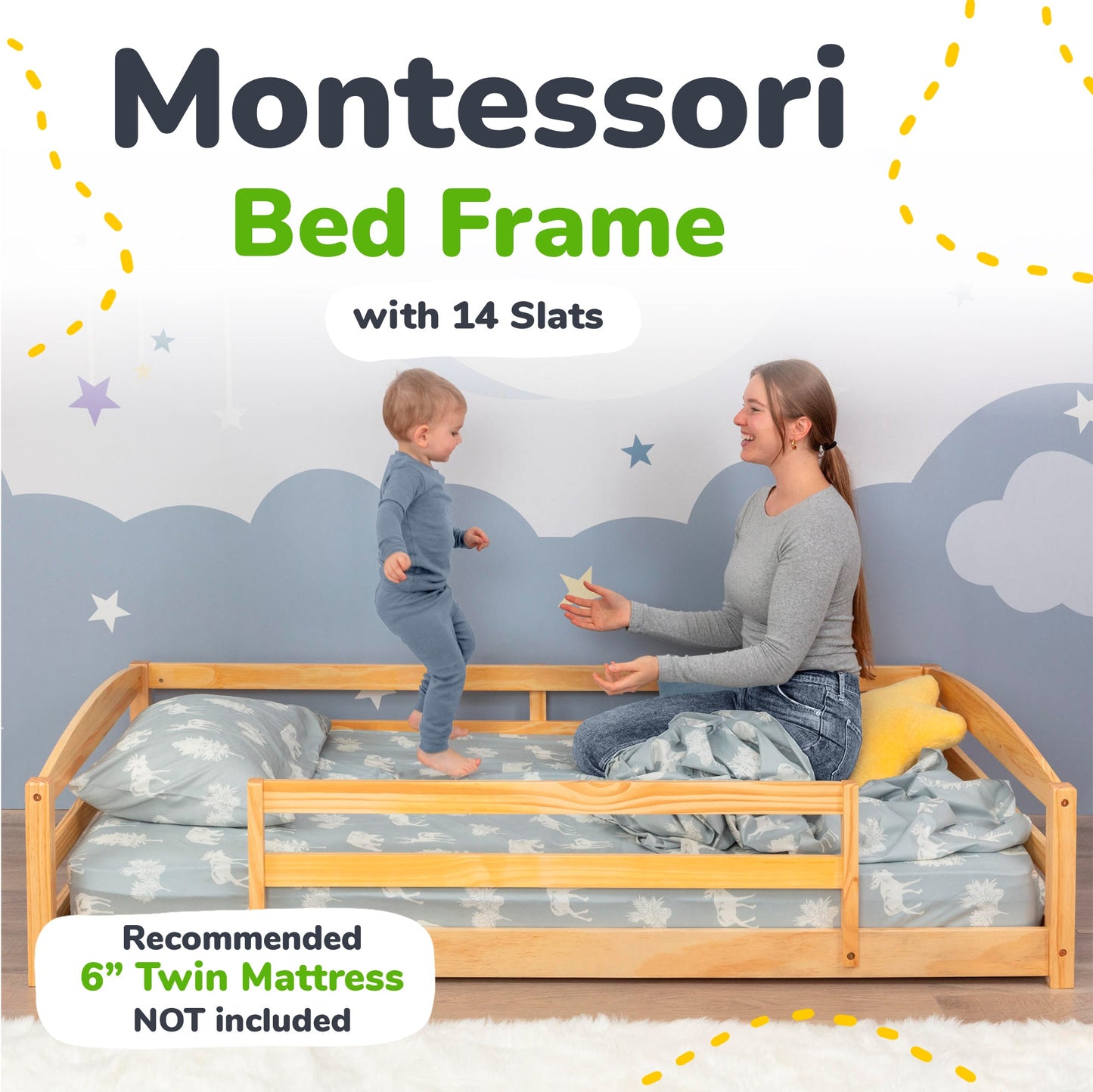 Montessori bed frame with 14 slats, child, and adult in a bedroom setting.