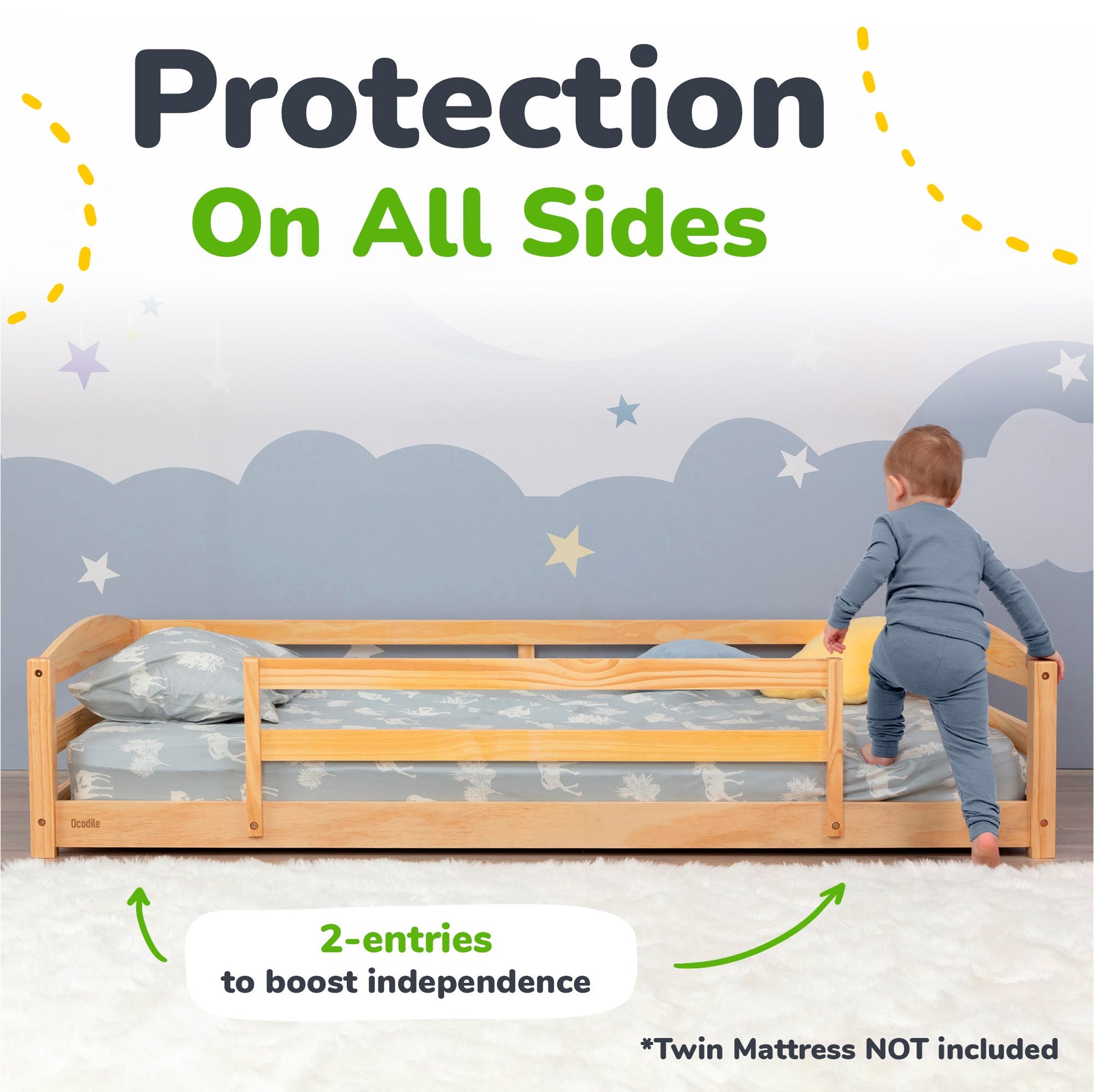 Child reaching for a wooden bed with a mattress, featuring text about bed safety and independence.