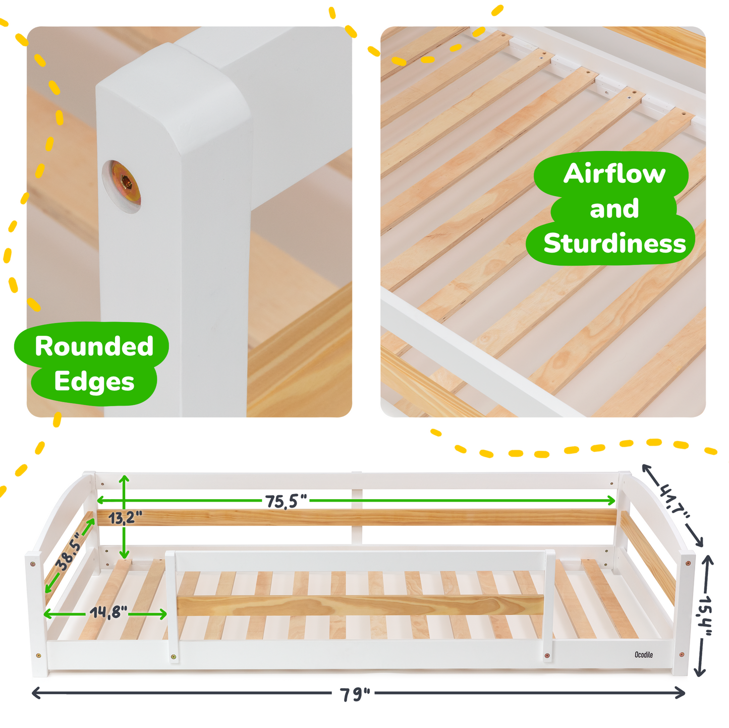 Wooden kids bed with rounded edges and airflow design, showing measurements and structural details.