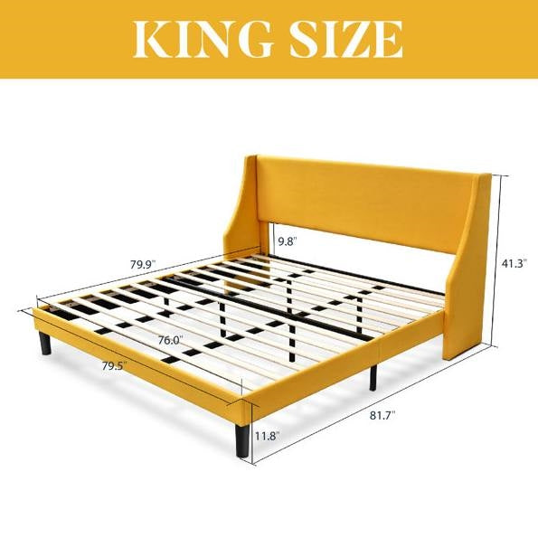Yellow king size bed with dimensions on a white background
